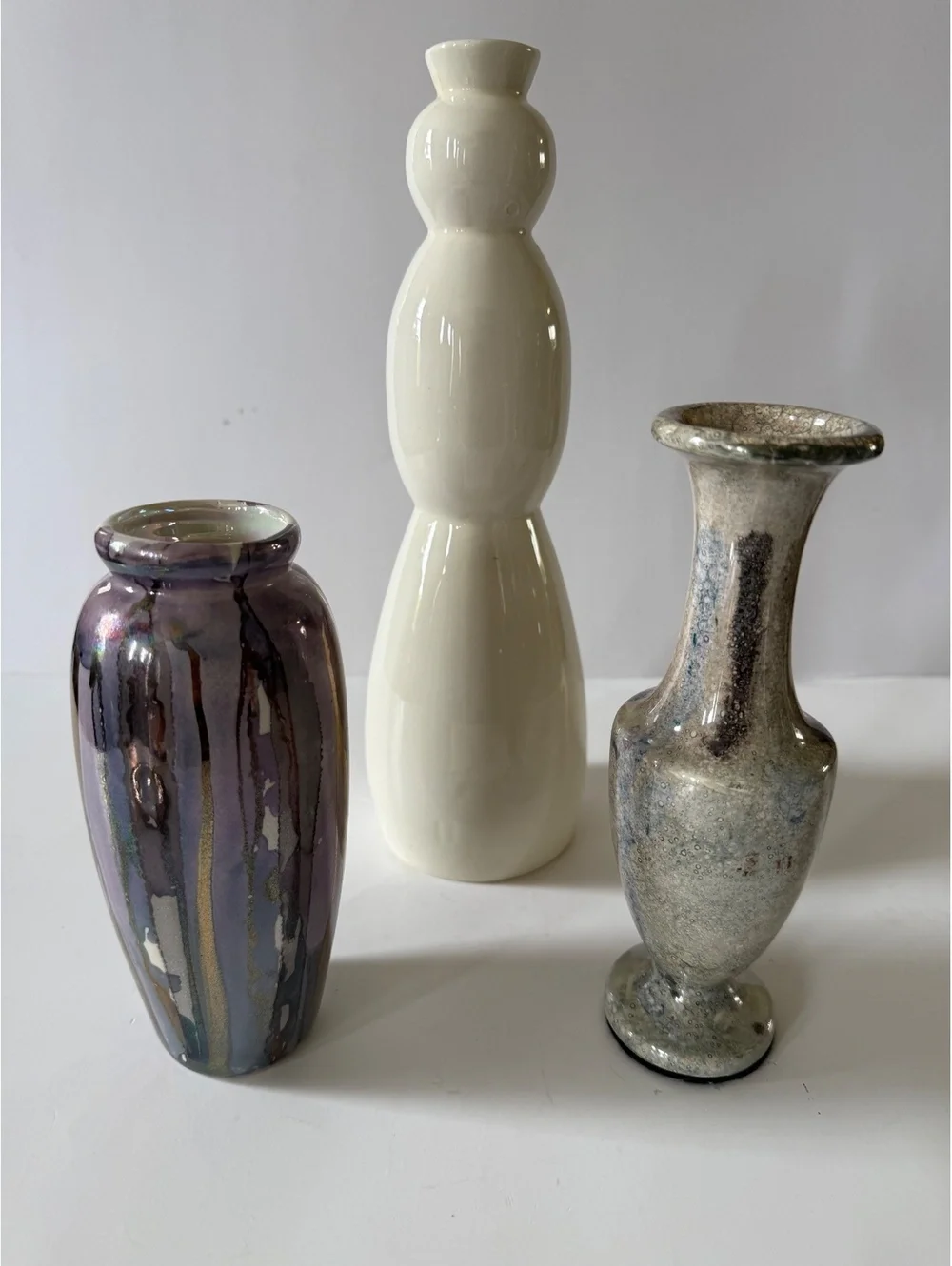 Lot of 3 Decorative Art Glass Vases Purple Iridescent White Silver Bubble Glass